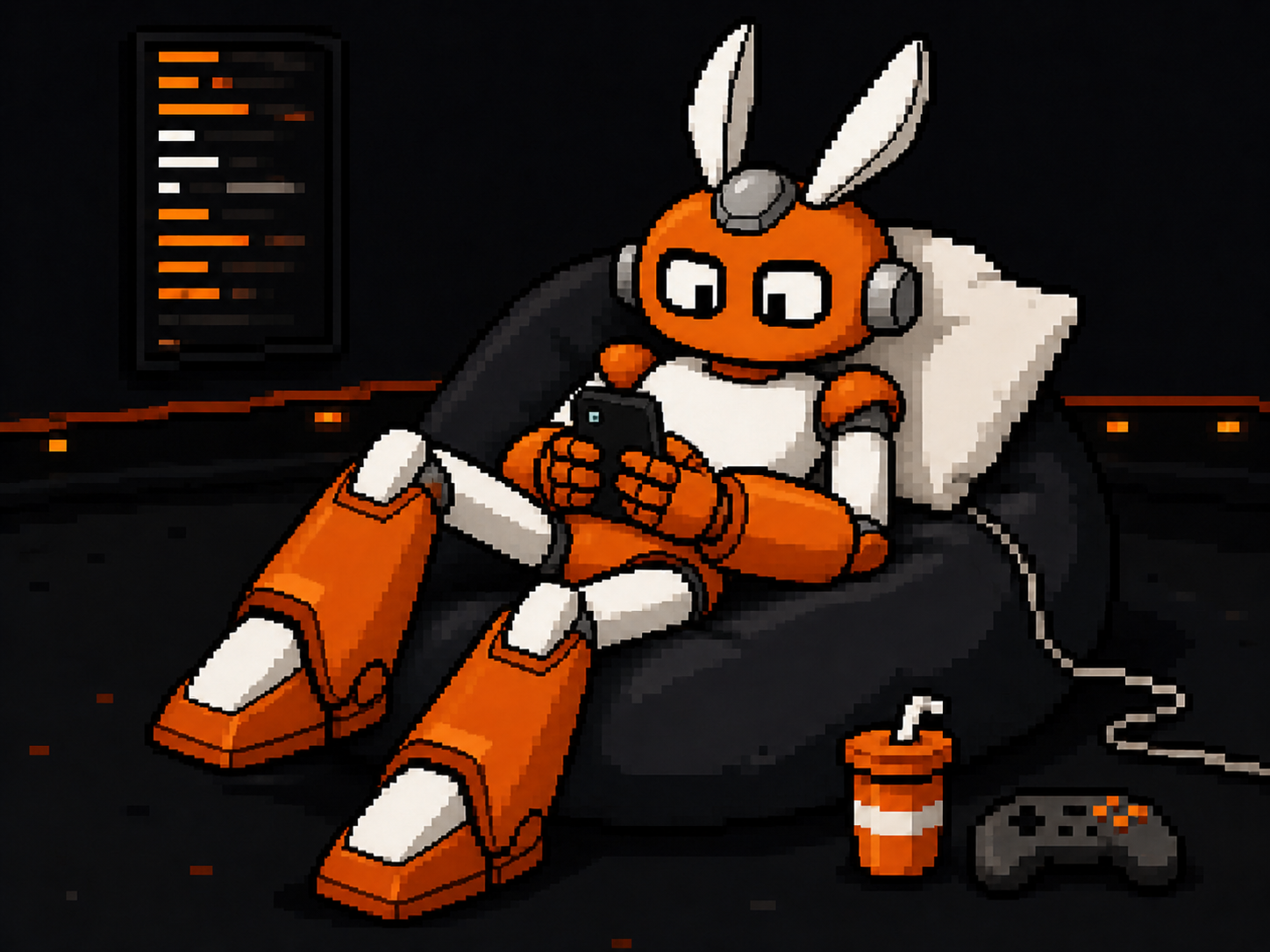 EVORA relaxing in a beanbag chair and using a phone