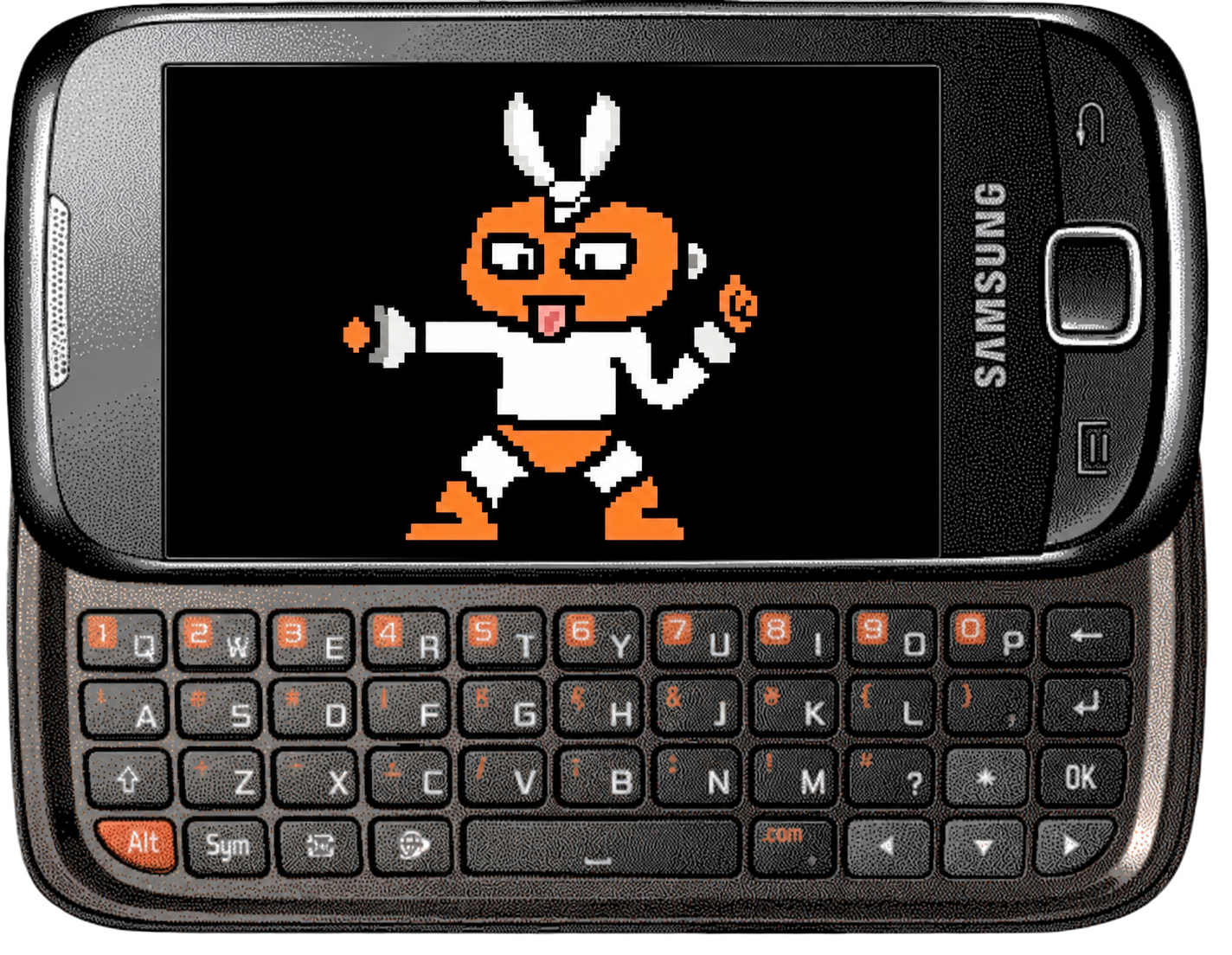 Vintage Samsung phone displaying an orange pixel robot